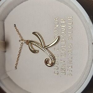 New Cubic Zirconia 18KT Gold Over Sterling Silver "K" Pendant Necklace, NWT